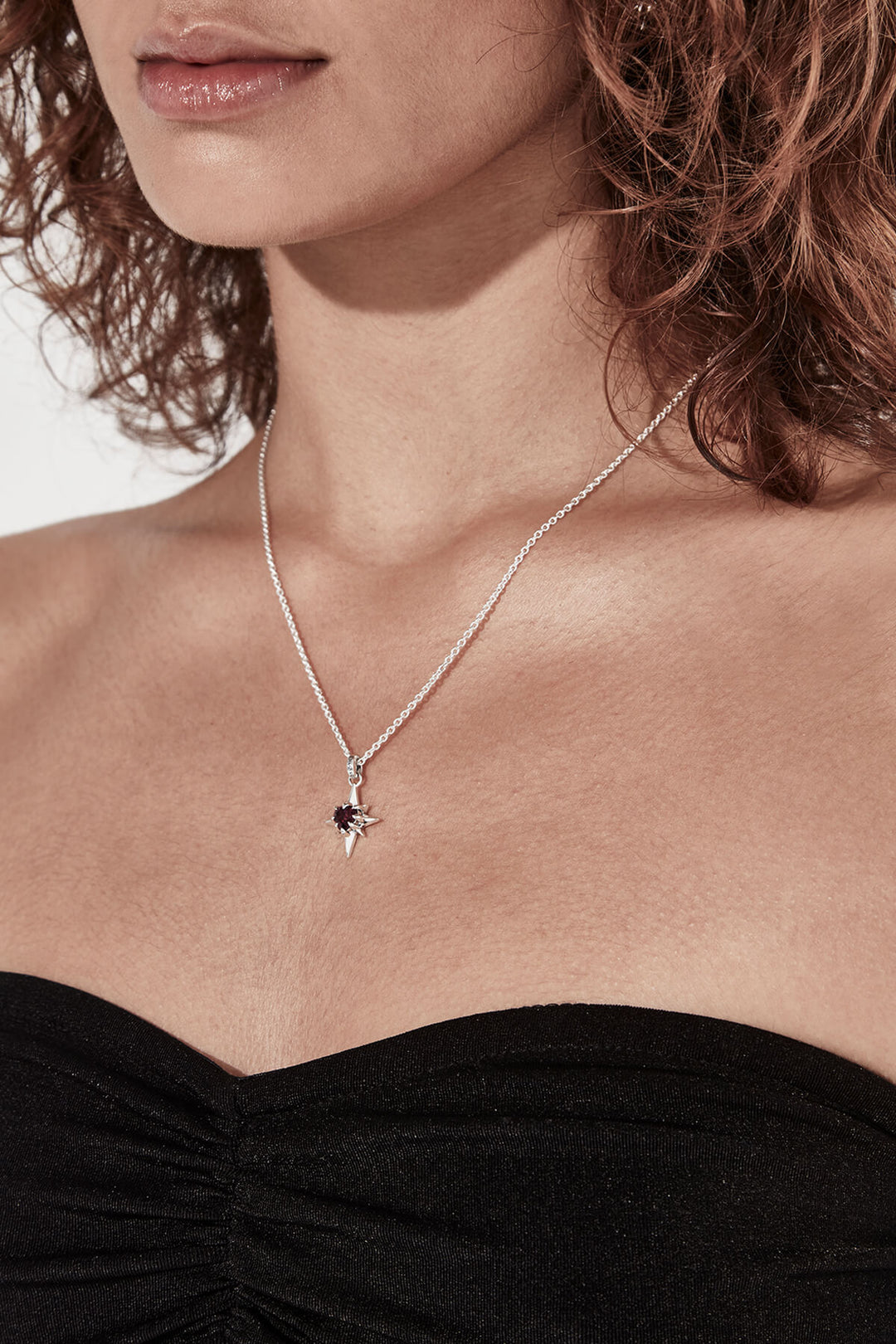 Gothic Star Necklace on Model- Sterling Silver & Rhodolite stone - Stolen Girlfriends Club