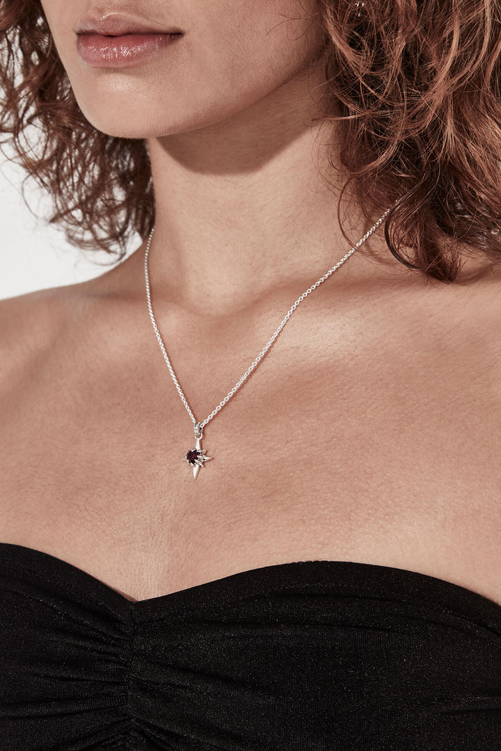 Gothic Star Necklace on Model- Sterling Silver & Rhodolite stone - Stolen Girlfriends Club