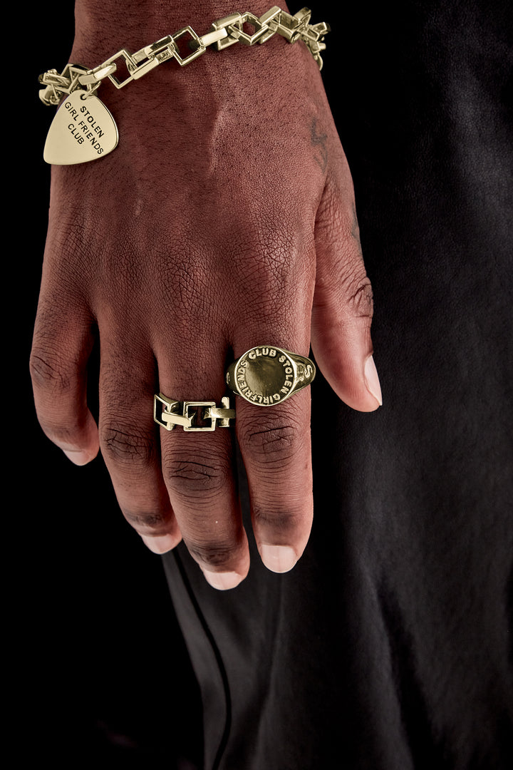 TEXT LOGO SOVEREIGN RING - GOLD PLATED