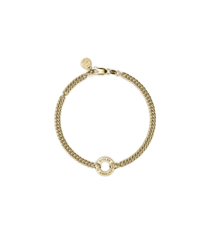 18k gold-plated Halo Bracelet on white background with engraved circular charm.