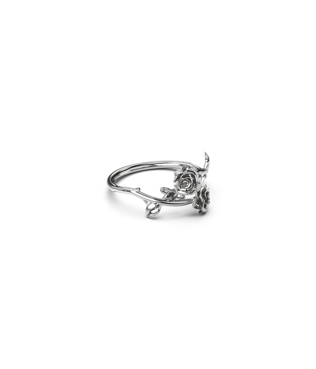 Sterling silver rose wrap ring side angle detailing on white background
