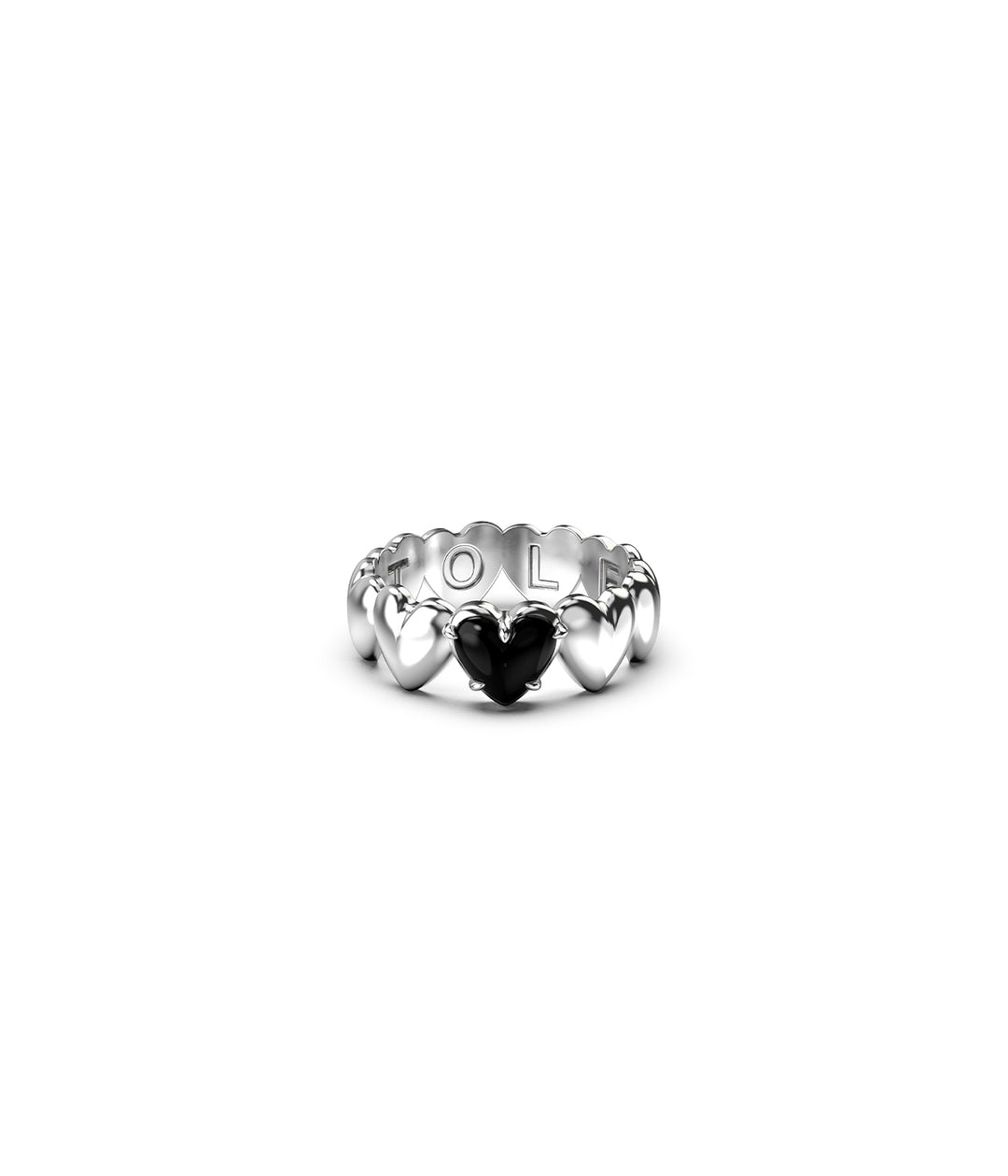 Front view of sterling silver Band of Hearts Ring with onyx cabochon heart on white background.