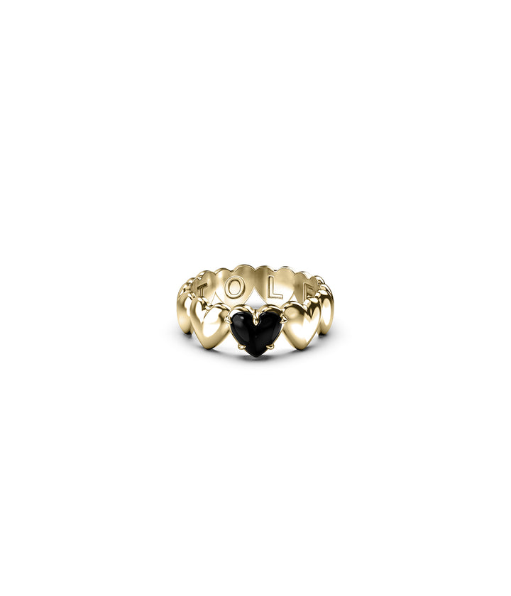 Front view of Band of Hearts Ring in 18k gold-plated silver with cabochon onyx heart, on white background.