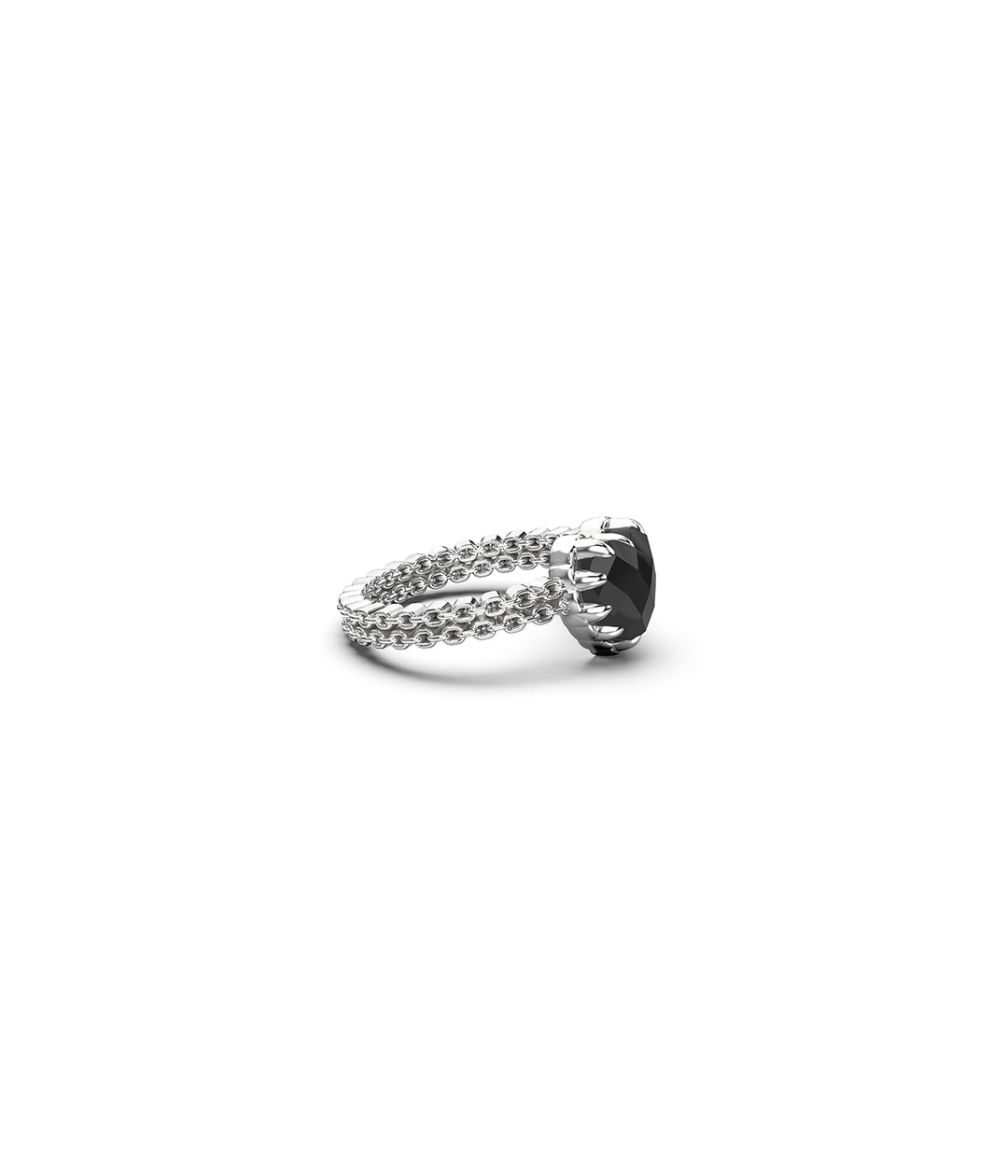 Sterling silver Mini Love Claw Ring, three-quarter view with heart-cut black stone in claw setting and delicate chain-textured band.