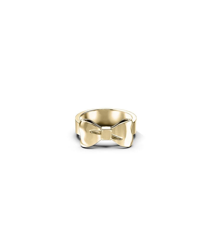 Front view of Bow Ring in 9k solid yellow gold on white background, showing signature sculpted bow design