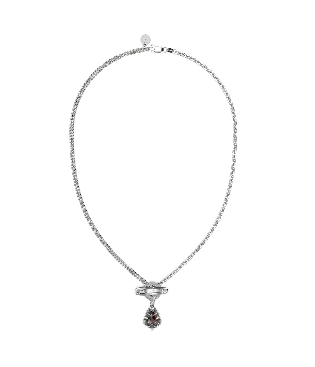 Sterling silver garnet teardrop necklace front view on white background