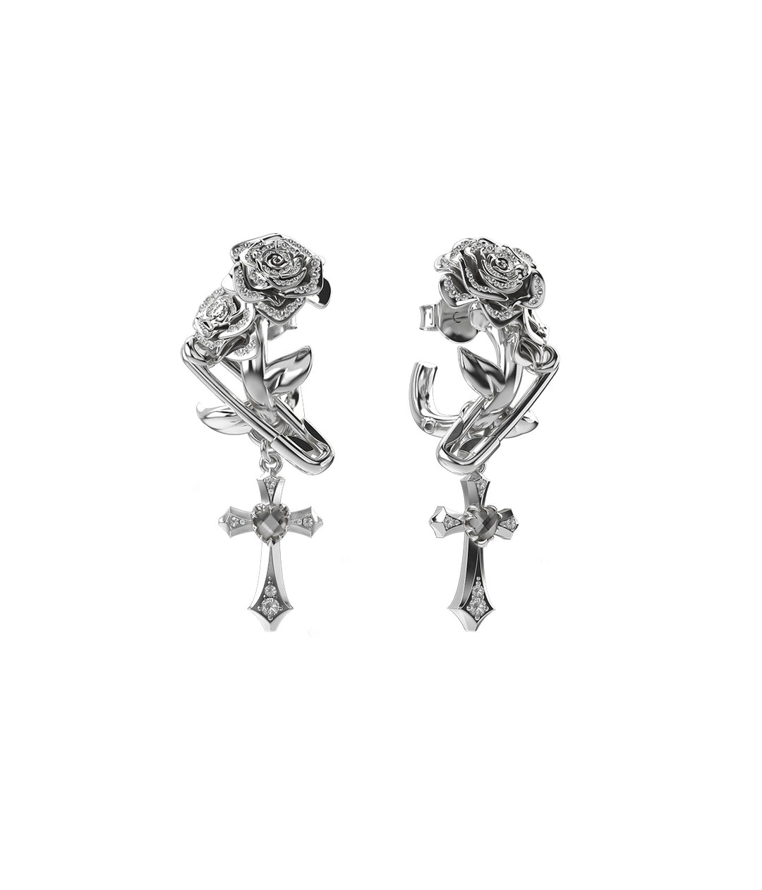 Sterling silver statement earrings with sculpted roses and crystal cross charms.