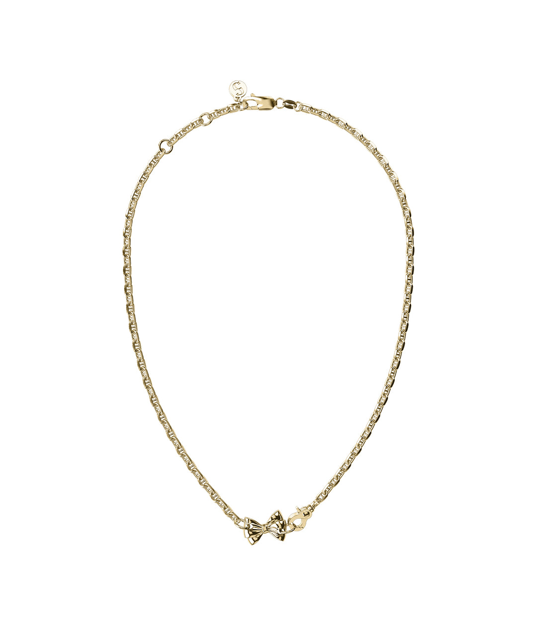  18k gold-plated Pierced Bow Necklace on white background showing bow charm and chain.