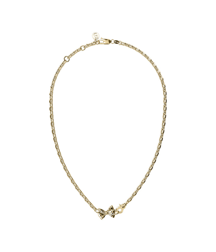  18k gold-plated Pierced Bow Necklace on white background showing bow charm and chain.