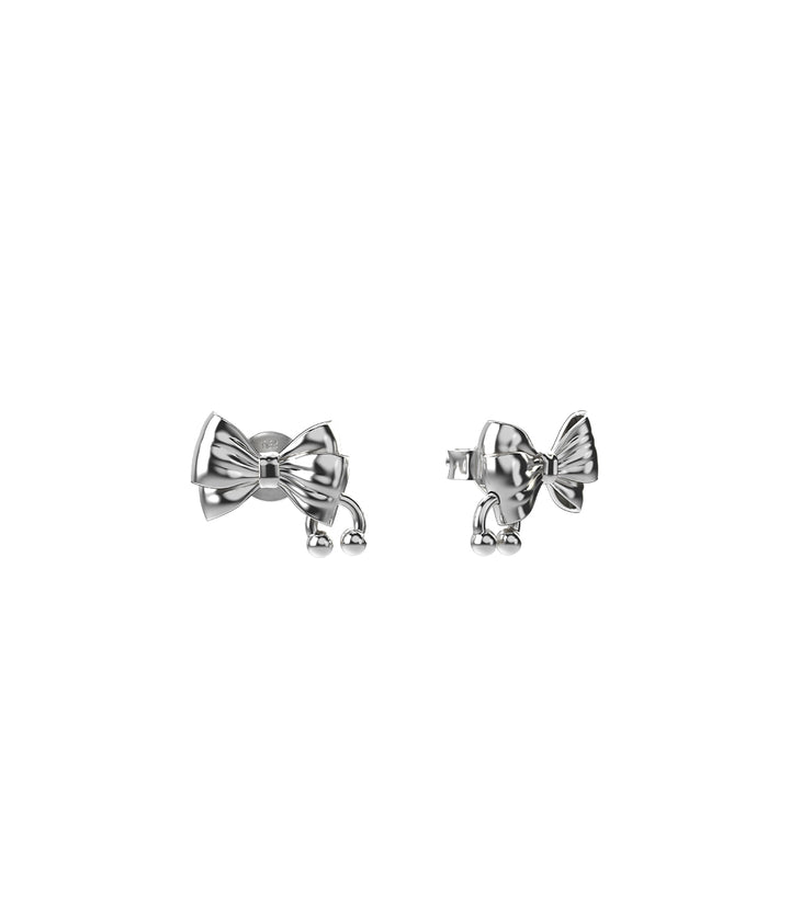 Sterling silver Pierced Bow Earrings on white background, showing reimagined bow shape and barbell piercing detail.