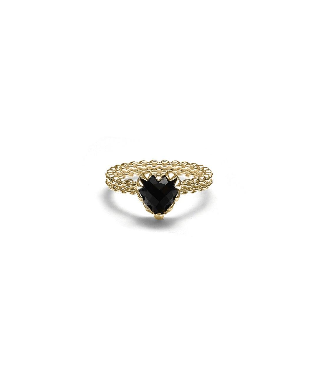 A gold ring with a textured, braided band and a central faceted black gemstone, shown on a clean white background.