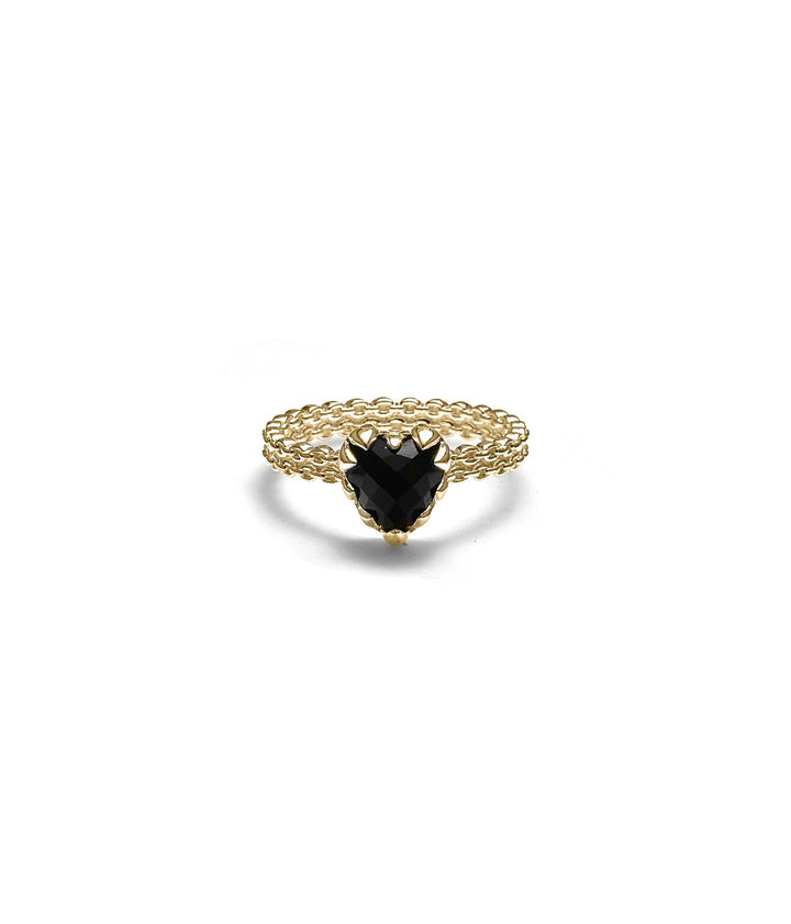 A gold ring with a textured, braided band and a central faceted black gemstone, shown on a clean white background.