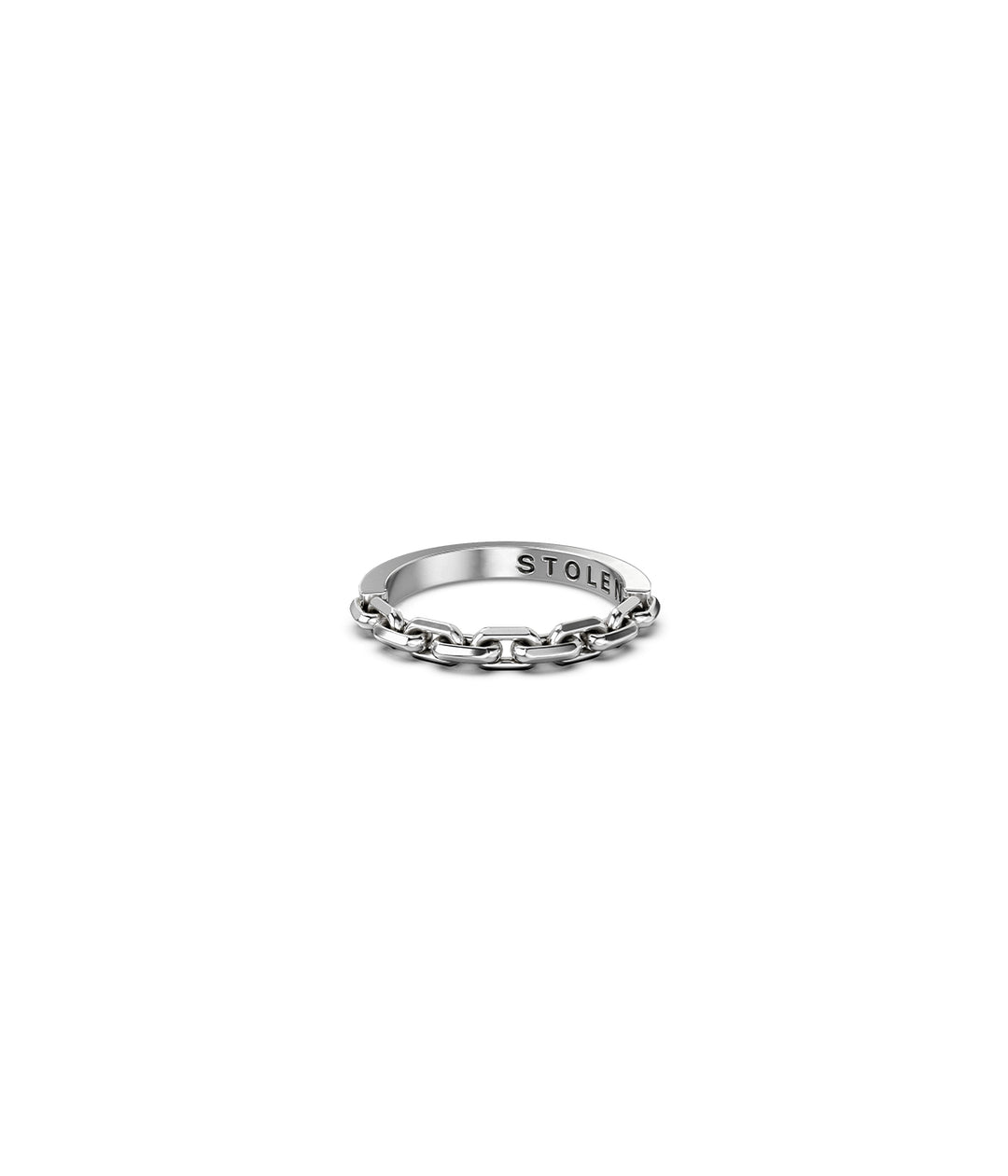 Front angled view of sterling silver Chain Ring on white background, showing chain detail , logo and band structure.