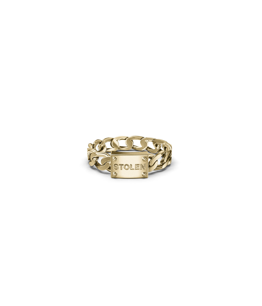 Front view of 18k gold-plated Curb Ring on white background with engraved STOLEN plaque.