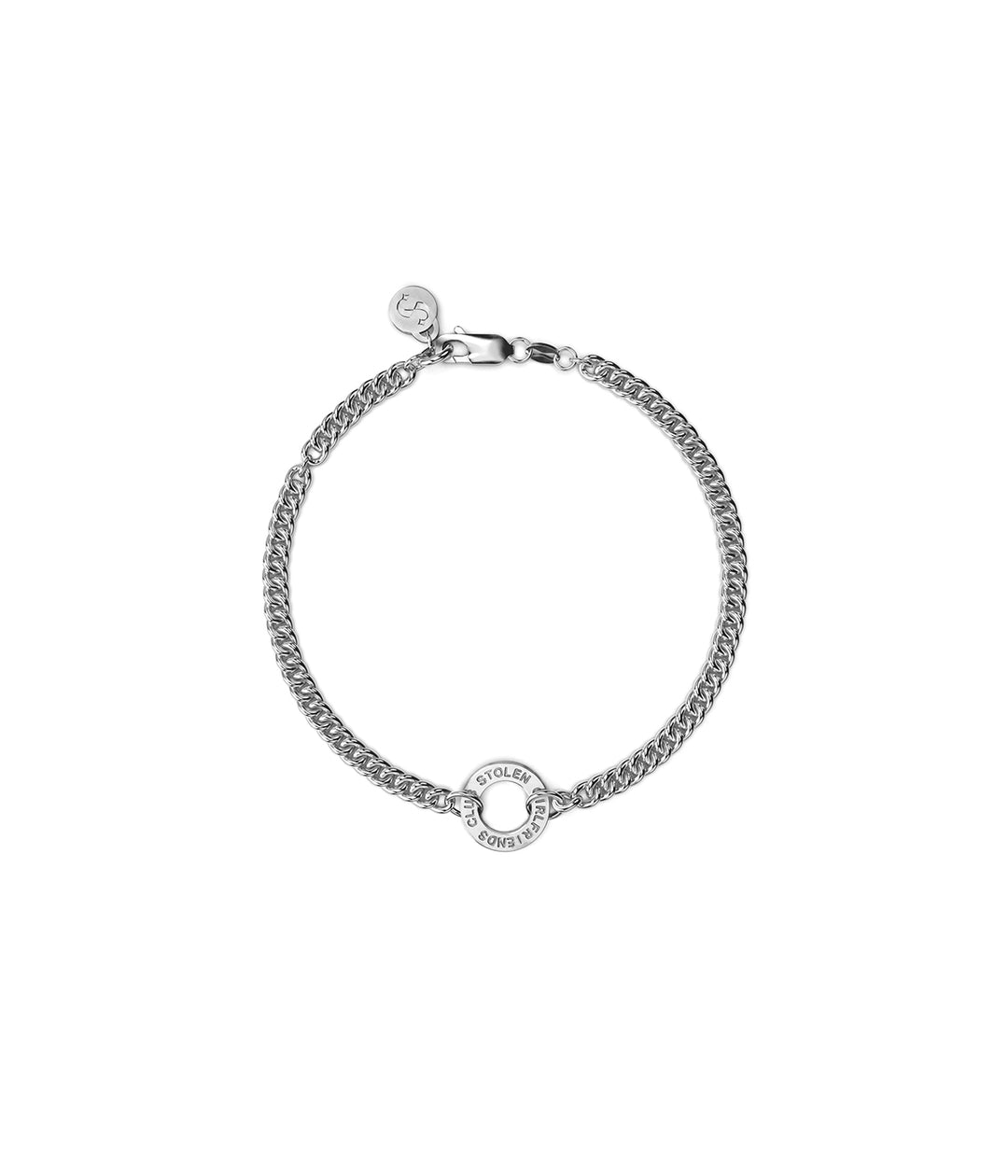 Sterling silver Halo Bracelet with engraved circular STOLEN GIRLFRIENDS CLUB charm on white background.