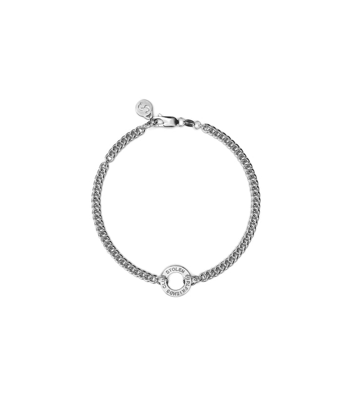 Sterling silver Halo Bracelet with engraved circular STOLEN GIRLFRIENDS CLUB charm on white background.