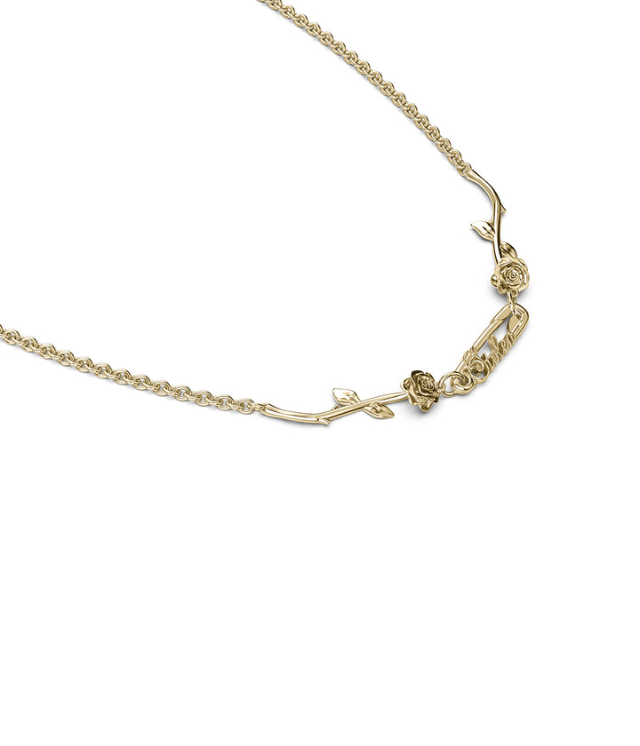 18k gold plated Rose Pin Necklace side angle on white background