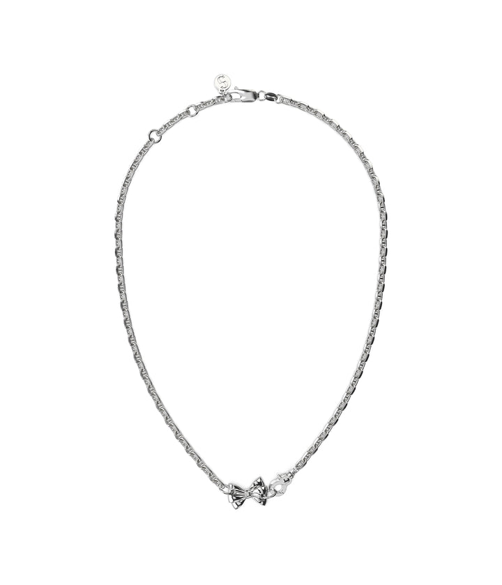 Sterling silver Pierced Bow Necklace on white background showing bow charm and chain.