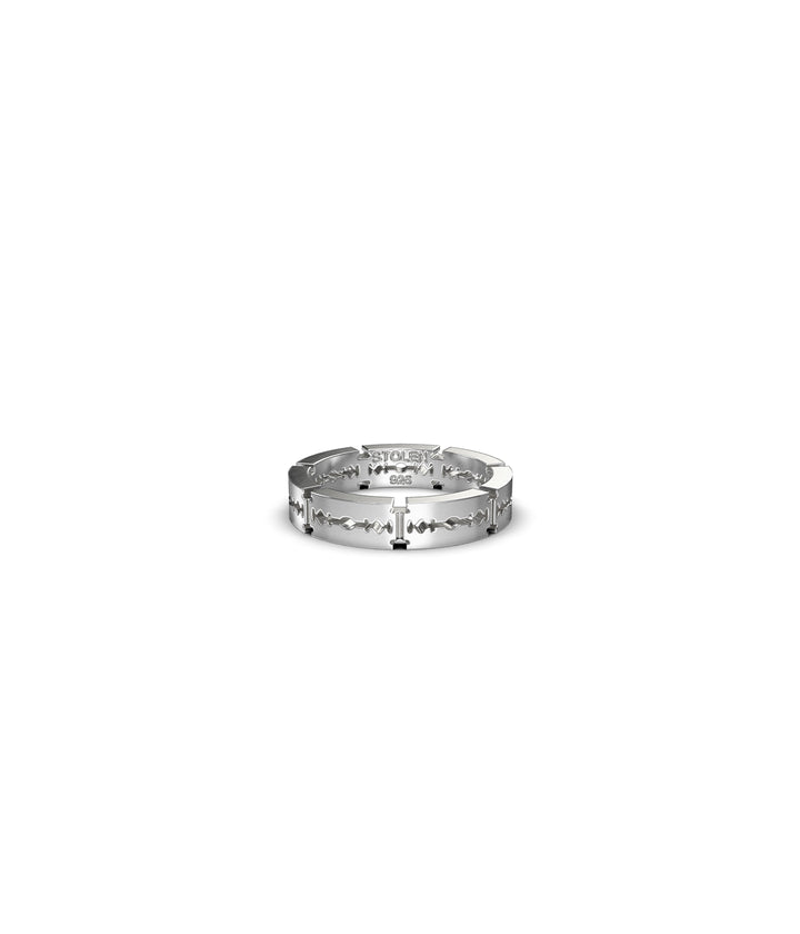 Razor Blade Eternity Narrow Ring in sterling silver, front view on white background, showing etched blade motif and slim polished band