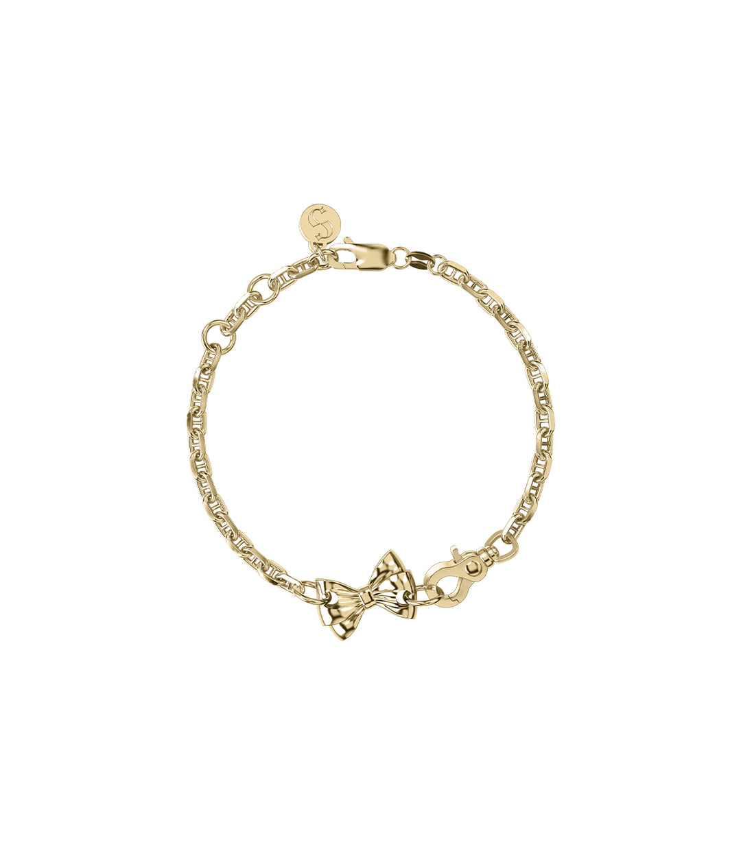 18k gold-plated Pierced Bow Bracelet on white background showing bow charm and clasp.