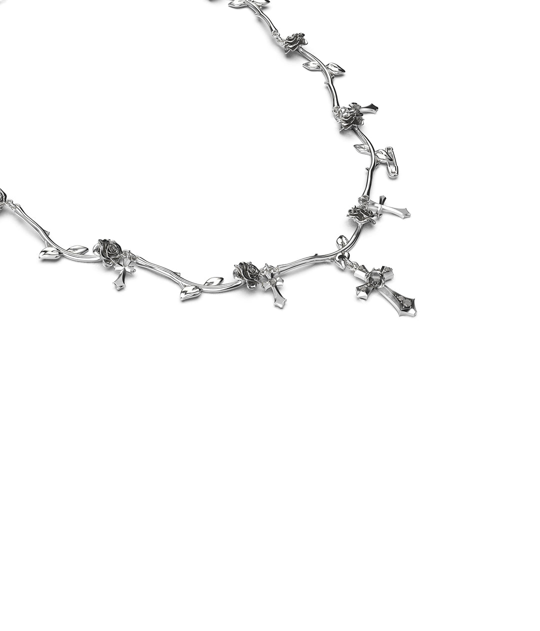 Sterling choker shown close up with sculptural chain form.