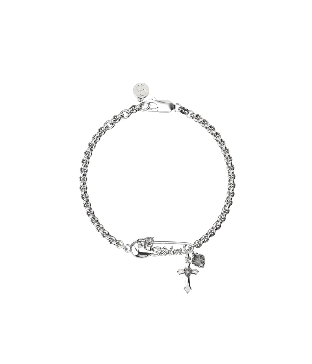 Sterling silver Gothic Pin Bracelet featuring engraved pin, cross, heart and quartz charms on white background.