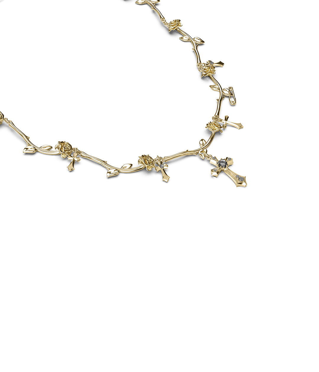 Side angle of gold Gothic Rose Choker showing link and charm detailing.