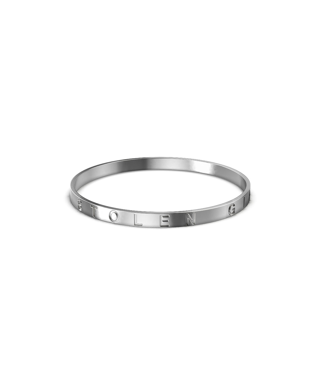 Sterling silver Stolen Bangle on white background, showing engraved logo and polished finish.