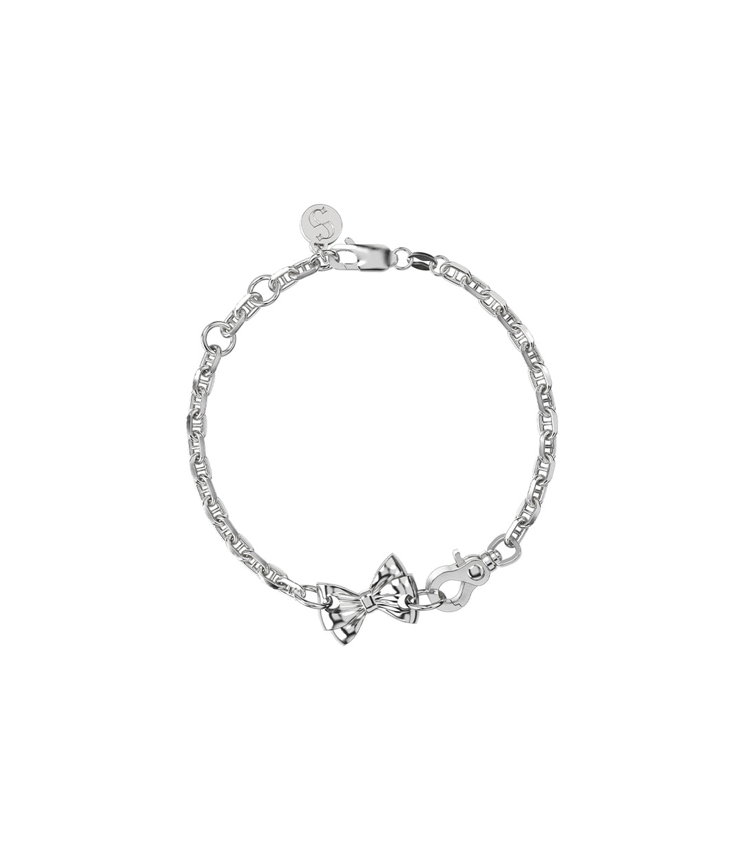 Sterling silver Pierced Bow Bracelet on white background showing sculpted charm and chain.