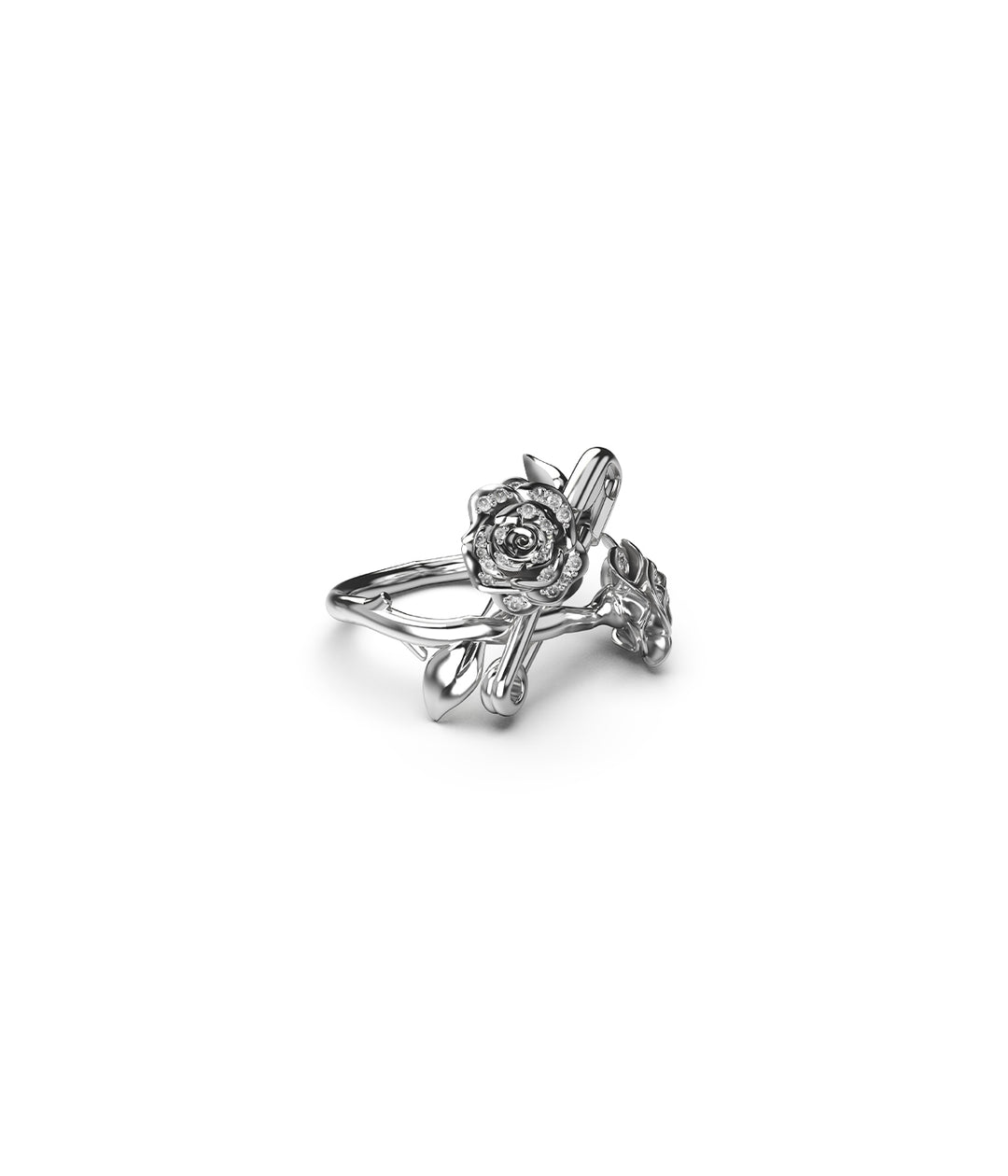 Angled side view of sterling silver Dusted Pin Ring showing floral and pin detail