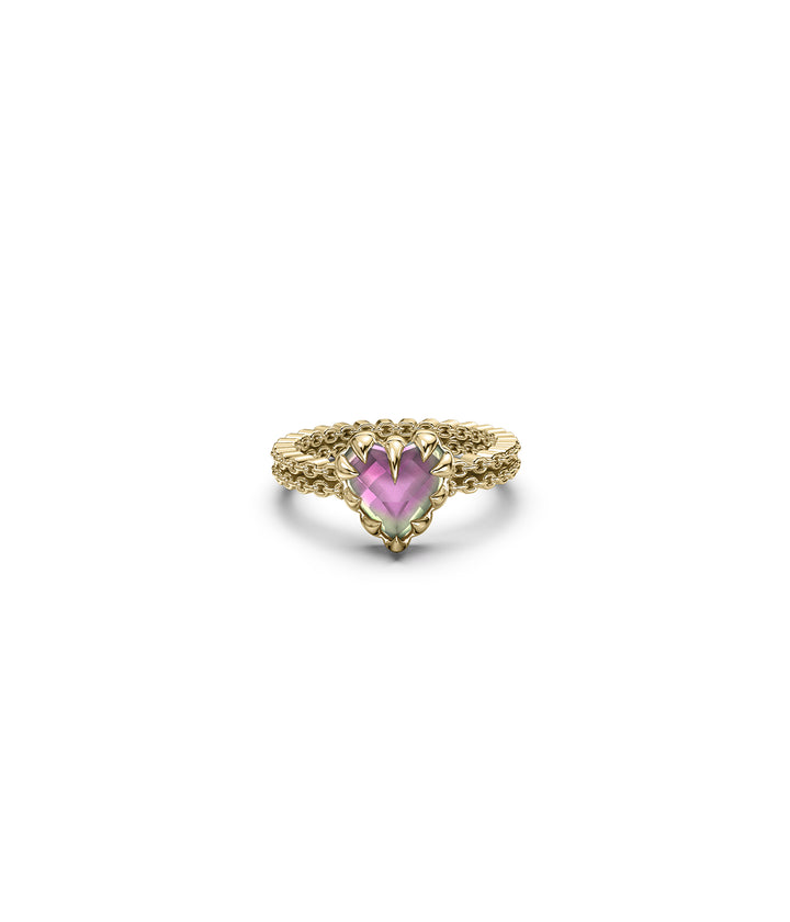 Front view of 18k gold plated mini quartz claw ring showing sculptural heart shape and  claw structure.