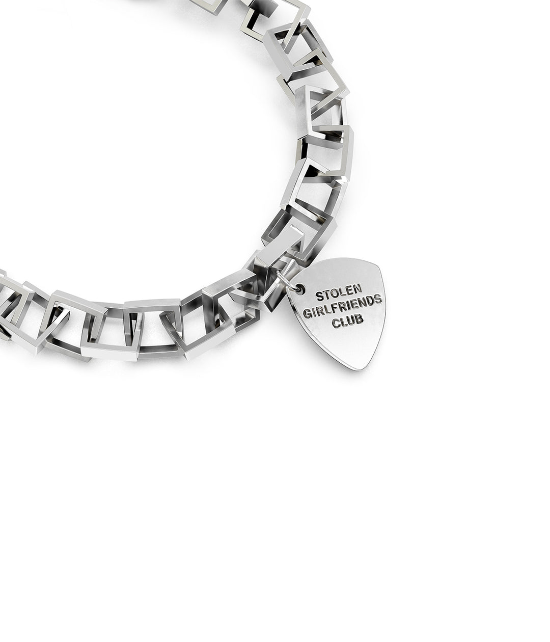 Side view of sterling silver men’s bracelet with plectrum charm and clasp detail.