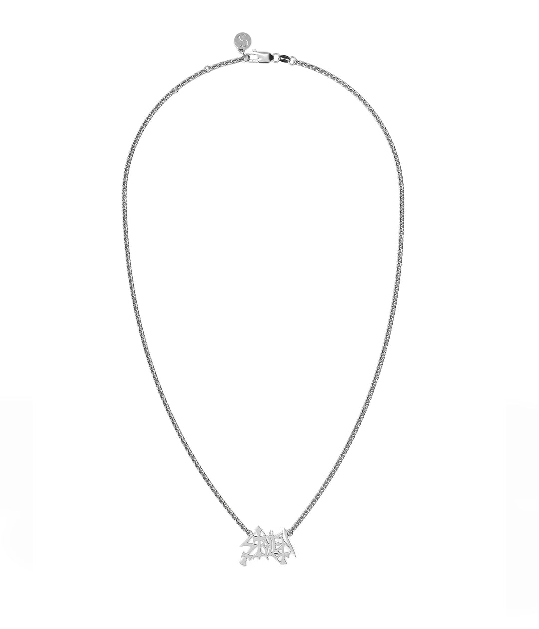 Stolen Mayhem Necklace in sterling silver on white background showing pendant and chain.