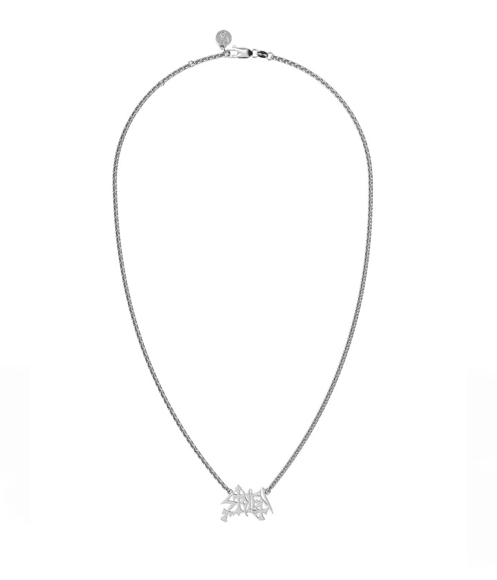 Stolen Mayhem Necklace in sterling silver on white background showing pendant and chain.