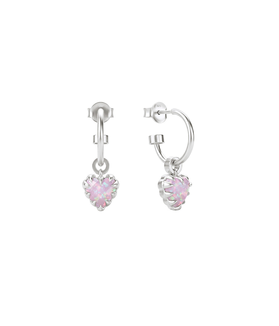 Love Claw Anchor Earrings with heart-shaped Pink Bello Opals suspended from polished sterling silver hoops on white background