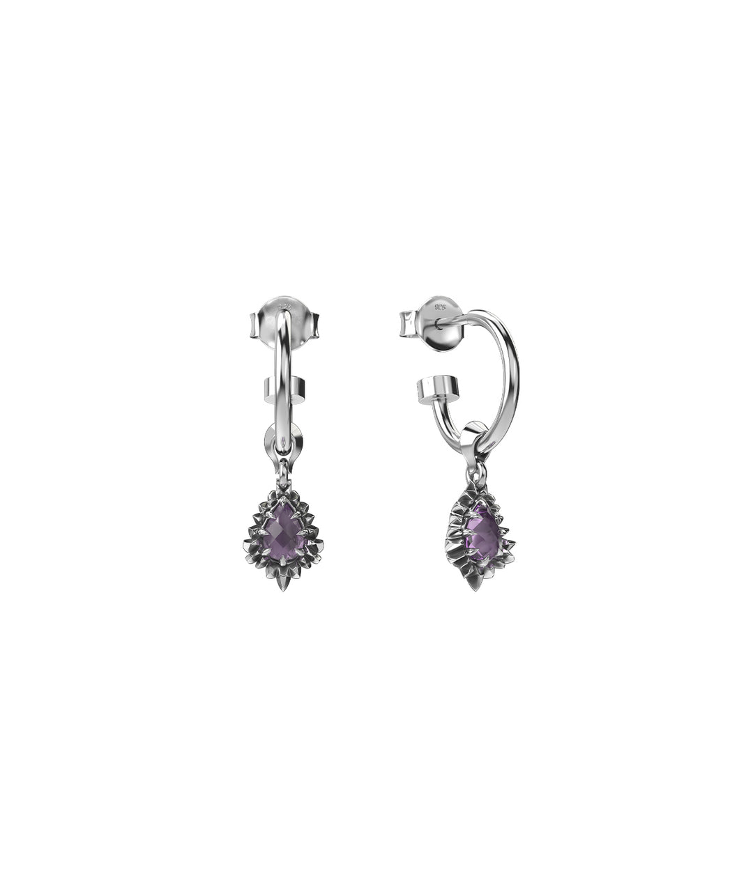 Sterling silver sleeper earrings with pink amethyst drops front view on white background.
