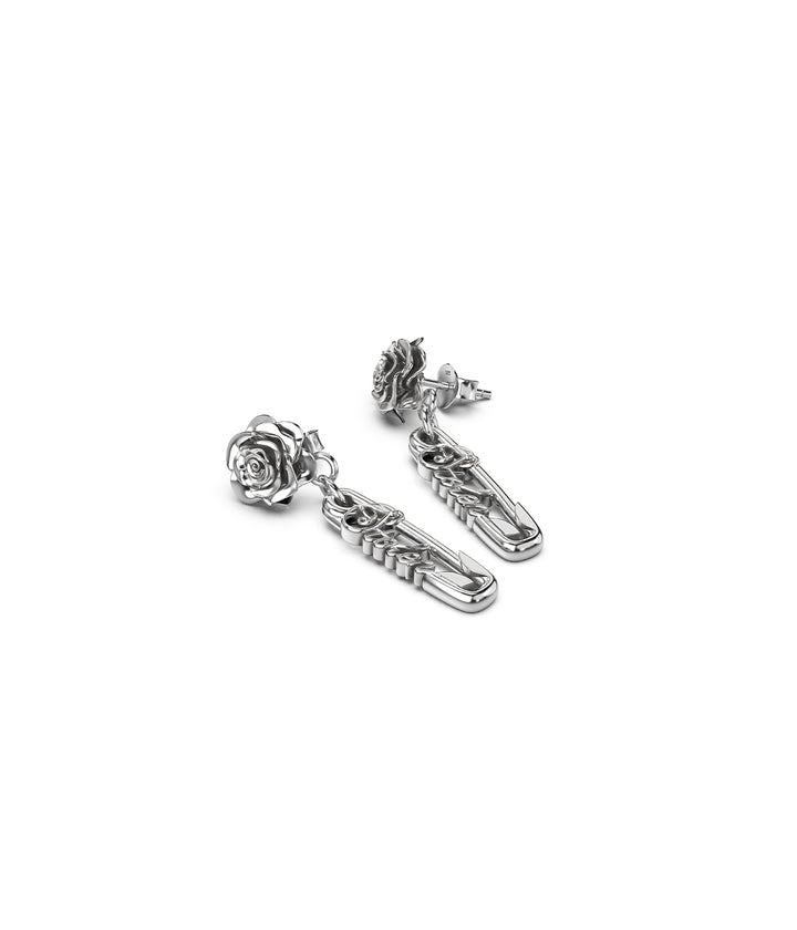 Sterling silver rose pin earrings close-up angle detailing on white background