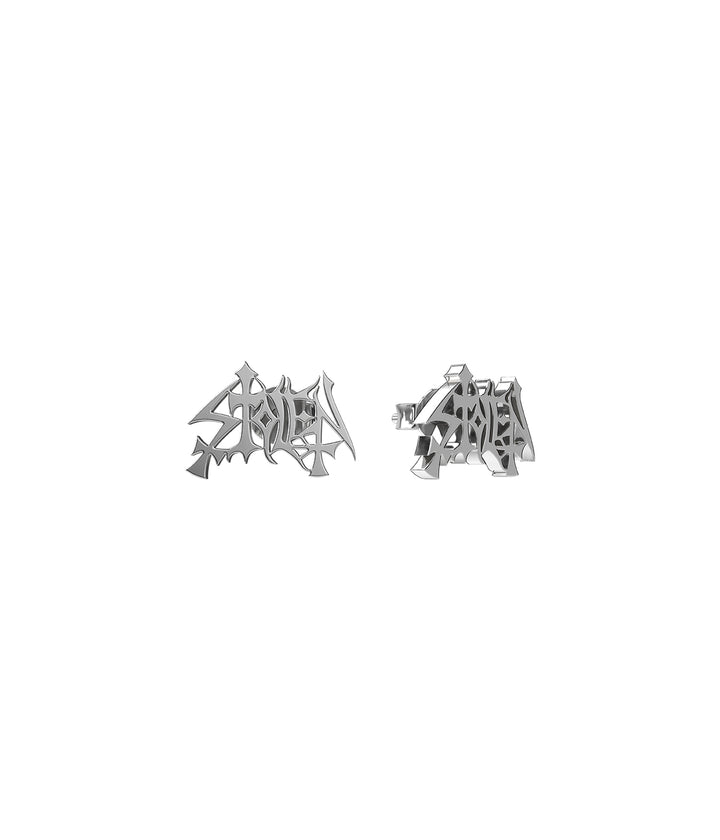 Sterling silver Stolen Mayhem stud earrings with sculptural  gothic logo.