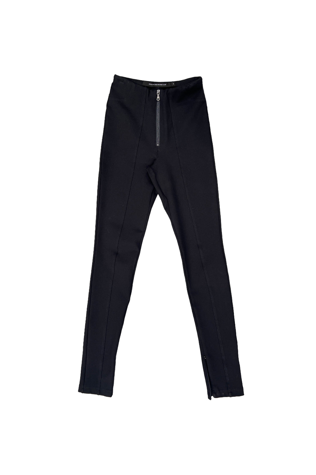 Black Panelled Ponti pants with zip fly and zip hems - front view flat lay image by Stolen Girlfriends Club.