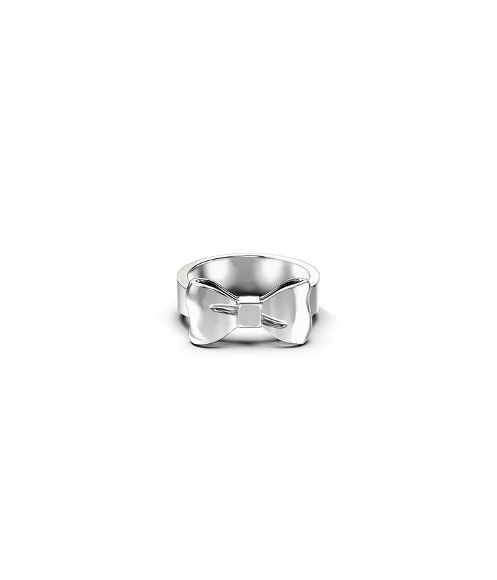 Front view of sterling silver Bow Ring on white background, featuring signature sculpted bow.