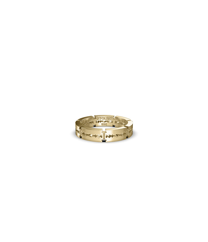 Razor Blade Eternity Narrow Ring in gold plating, front view on white background, showing wrap-around razor blade form and polished finish