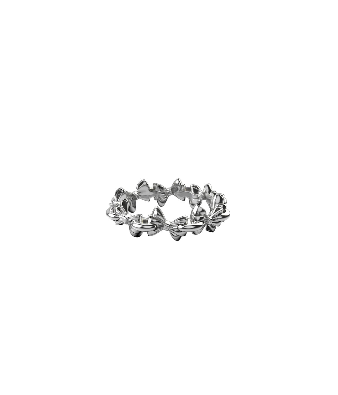 Sterling silver Bow Infinity Ring on white background showing repeating sculptural bow design in continuous band.