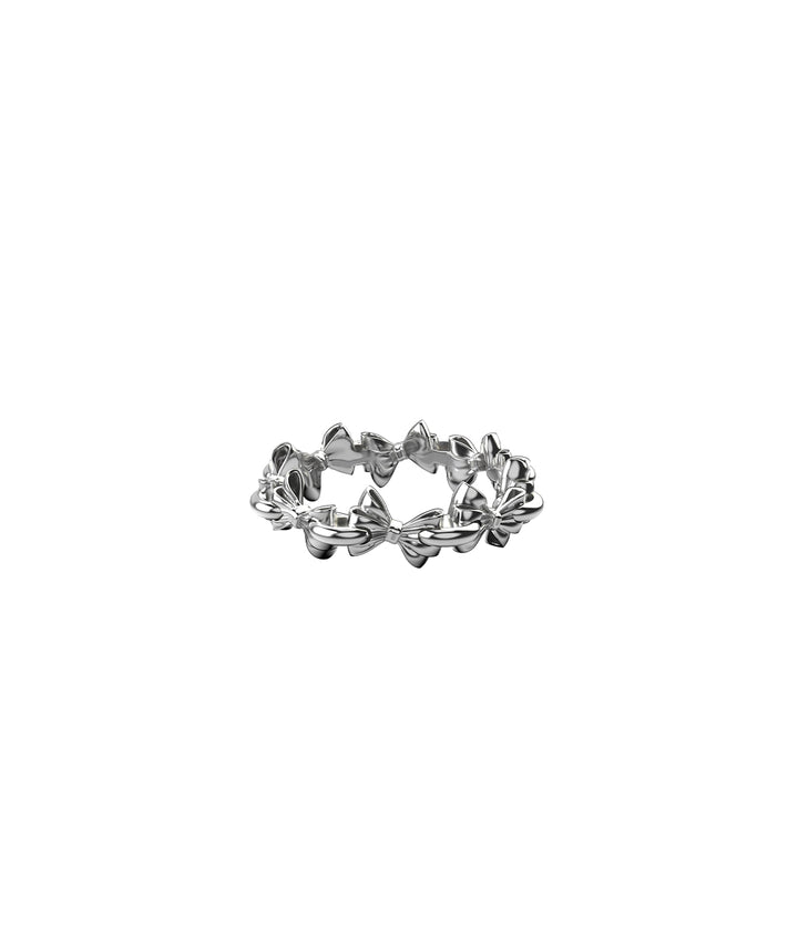 Sterling silver Bow Infinity Ring on white background showing repeating sculptural bow design in continuous band.