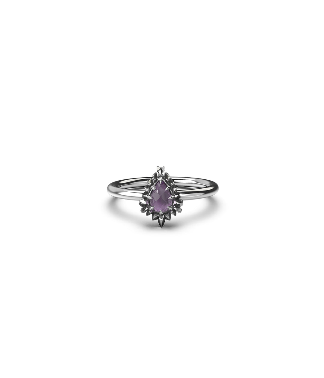Front-facing view of sterling silver jagged teardrop ring with pink amethyst on white background.