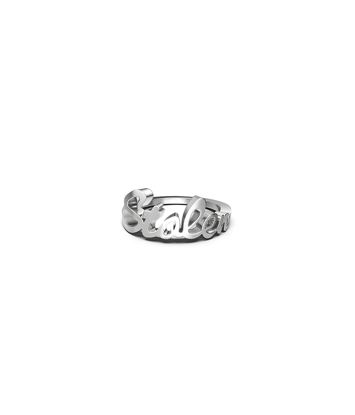 Stolen Script Ring in sterling silver featuring sculptural logo on a fine band - front view of ring