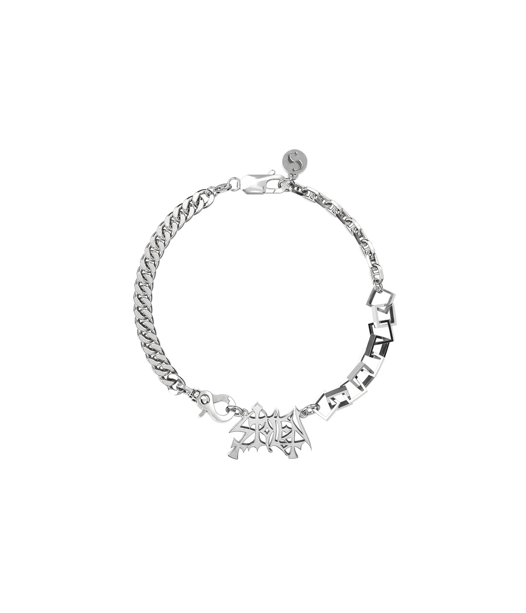 Sterling silver Heavy Mayhem Necklace on white background showing full chain and pendant.