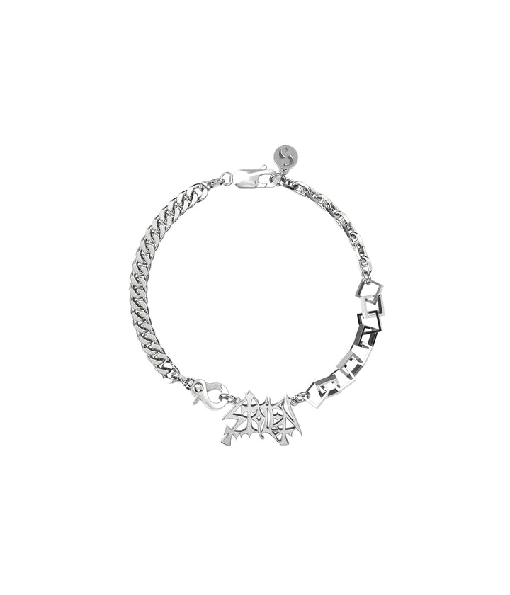 Sterling silver Heavy Mayhem Necklace on white background showing full chain and pendant.