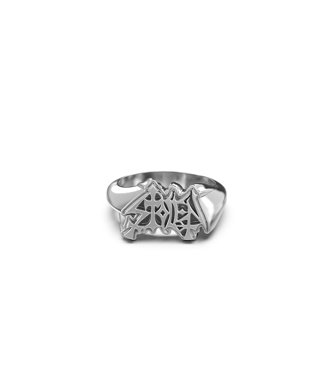 Stolen Mayhem Ring in sterling silver on white background showing sculptural goth  inspired logo.