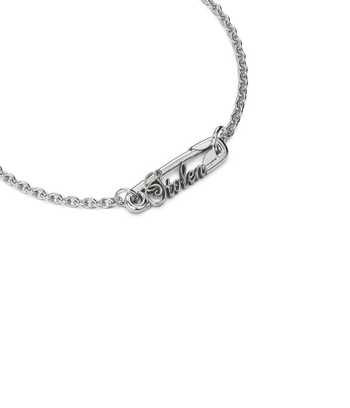 Close up product image of sterling silver Scripted Pin Bracelet on white background
