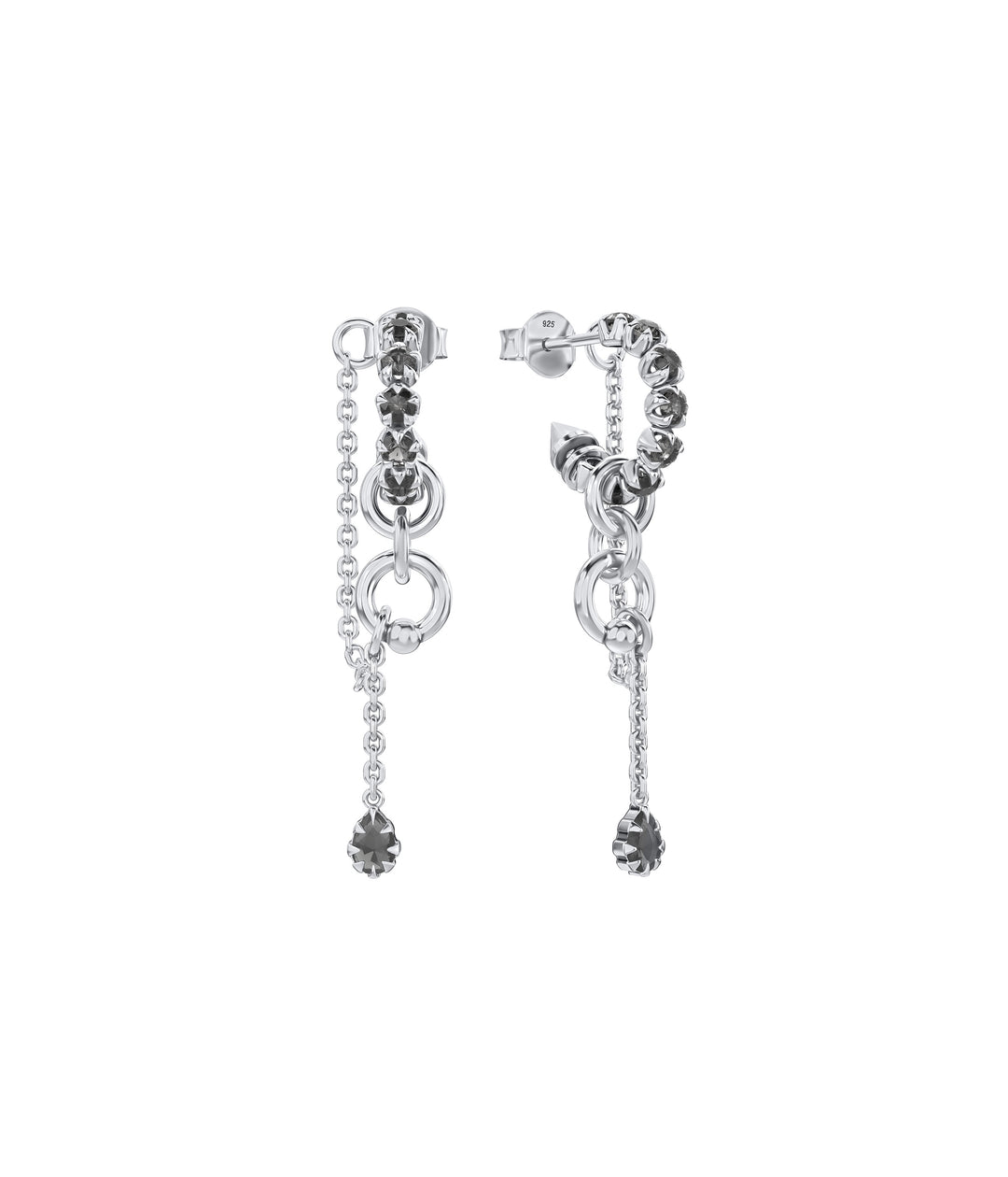 Metasoma Eternity Hoops in polished sterling silver, featuring curved Clear Quartz settings, sculptural circular links and suspended gemstone-tipped chains.